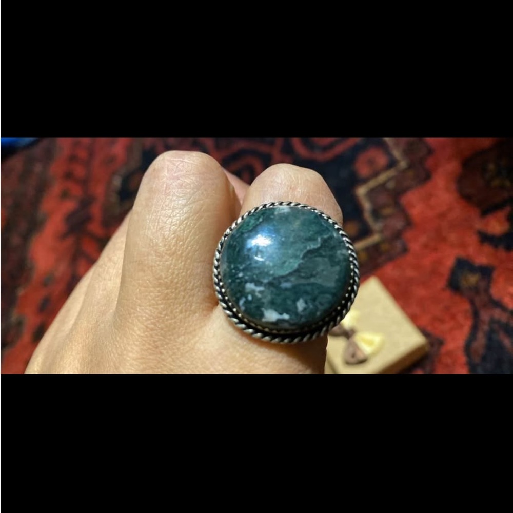 Green natural Stone ring with 925 Silver Trim